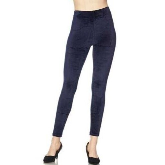 2X‎ - 3X Size Womens Solid Brushed Velour Velvet Leggings Navy Blue - Picture 1 of 2